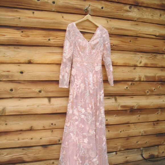 MAC DUGGAL  20214 Pink Embellished Long Sleeve V Neck A Line Gown - Picture 6 of 12